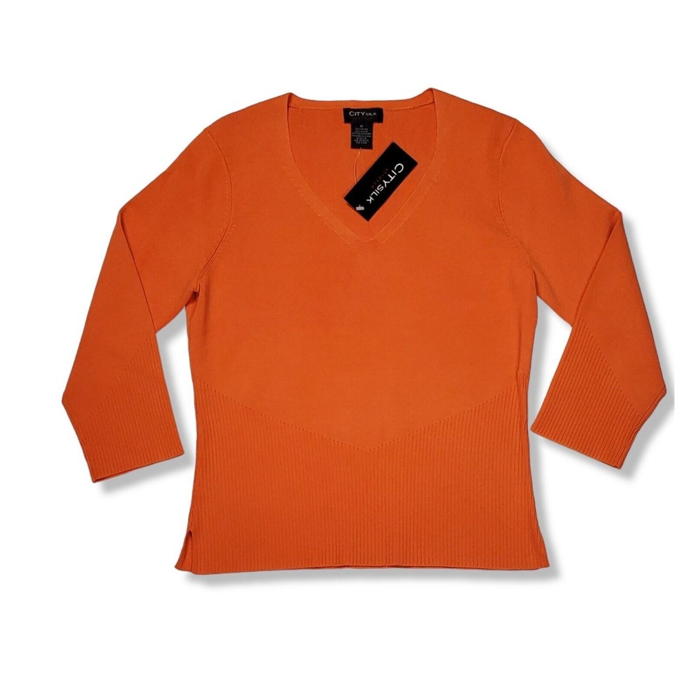 City Silk Pullover Top Women's Medium V Neck Orange Rayon Blend Knitted Fabric